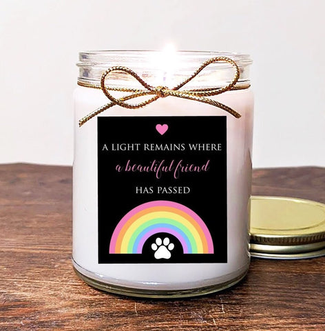 Rainbow Bridge Memorial Gift Candle. Loss of dog. Loss of Cat. A light remains where a beautiful friend has passed. Soy Vanilla.
