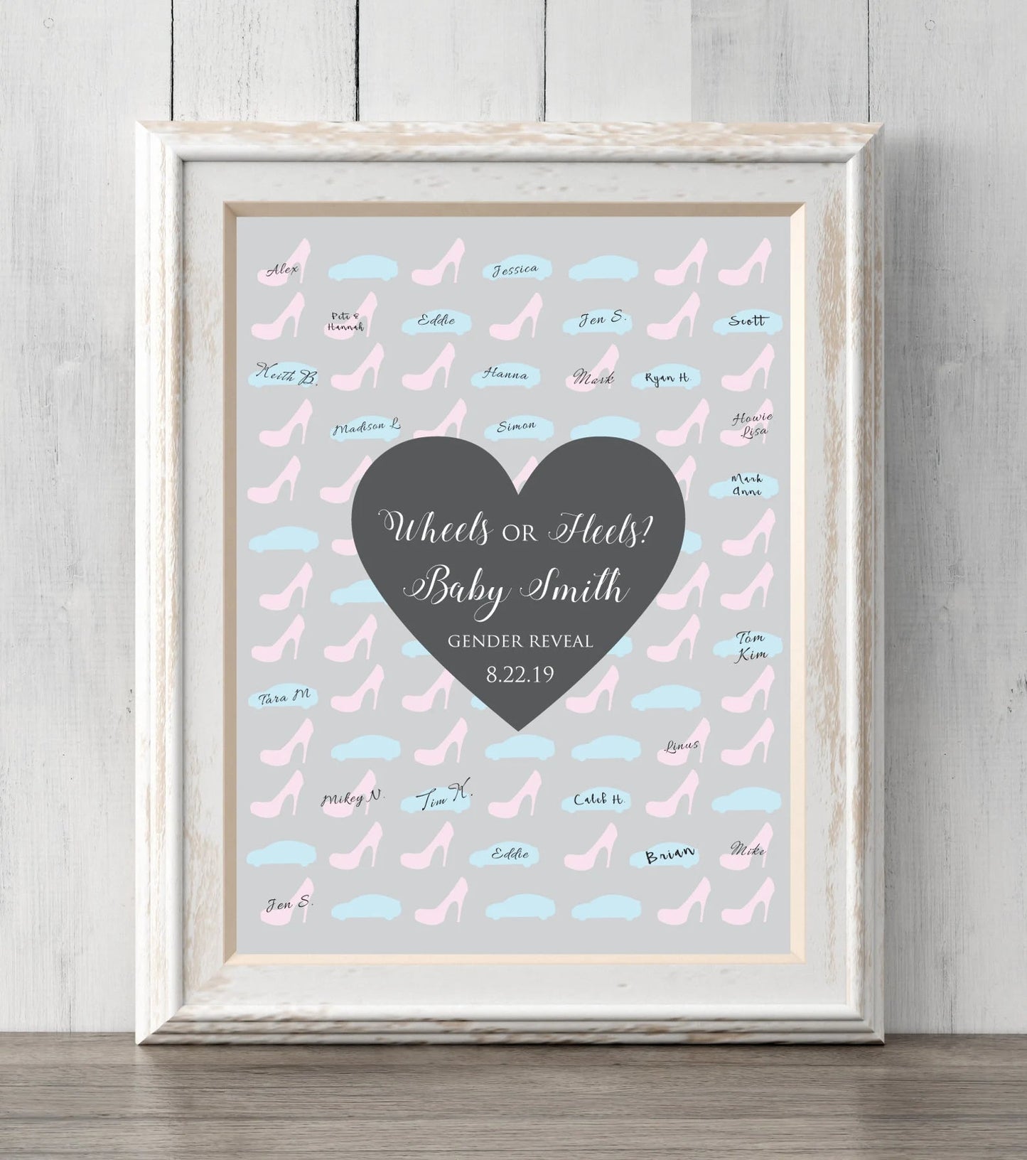 Gender Reveal Idea Wheels or heels? 8x10 Guest Book Print. Personalize text and colors. Sign or guess the gender. Prints BUY 2 GET 1 FREE!