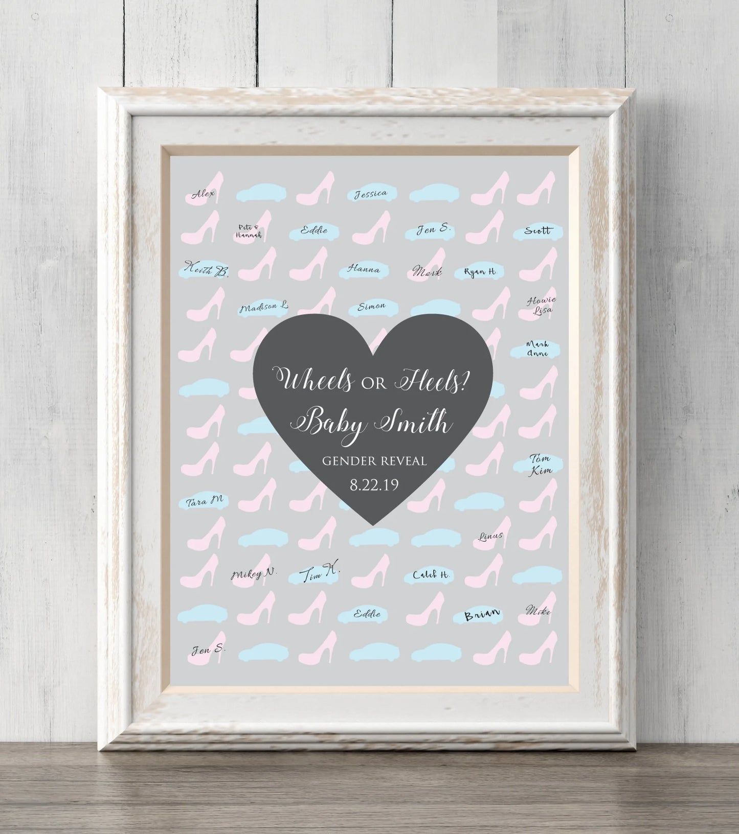 Gender Reveal Idea Wheels or heels? 8x10 Guest Book Print. Personalize text and colors. Sign or guess the gender. Prints BUY 2 GET 1 FREE!