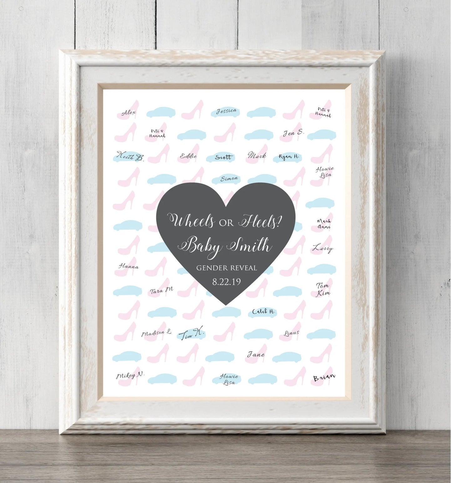 Gender Reveal Idea Wheels or heels? 8x10 Guest Book Print. Personalize text and colors. Sign or guess the gender. Prints BUY 2 GET 1 FREE!