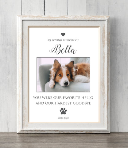 Loss of Dog Gift. 8x10 Personalized pet memorial print. Add photo. You were my favorite hello hardest goodbye. Prints BUY 2 GET 1 FREE!