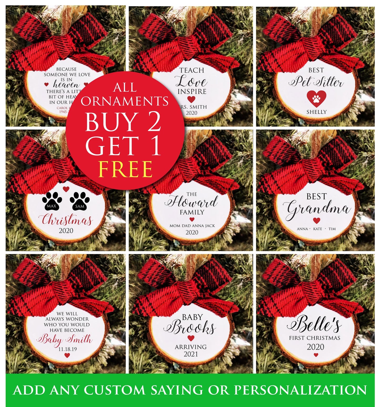 Christmas Ornament Sale. Buy 2 Get 1 Free! Custom colors and free personalization. All Ornaments buy 2 get 1 FREE.
