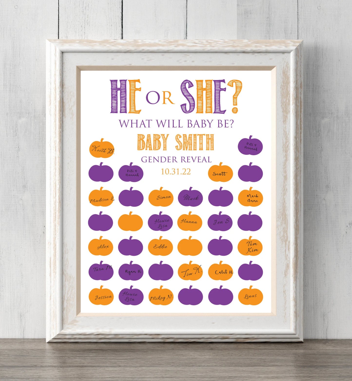 Halloween Gender Reveal Idea. Pumpkin Guest Book Print or Guess Gender. Fall Gender. Personalize text and colors. Prints BUY 2 GET 1 FREE!