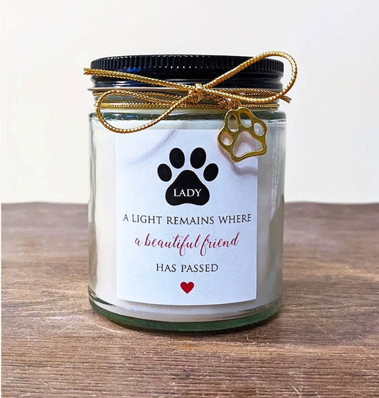 Personalized Dog Memorial Gift Candle. Loss of dog. Loss of Cat. A light remains where a beautiful friend has passed. Includes gold charm. 8oz Soy Vanilla. (Copy)