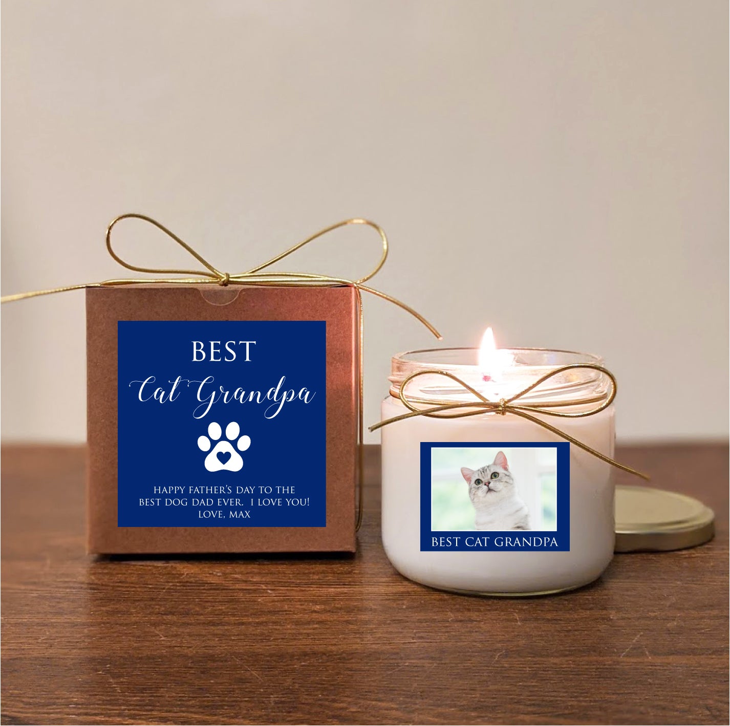 Father's Day Cat Grandpa Gift Candle. Cat Dad, Dog Grandpa. Can add photo. You pick text and colors.
