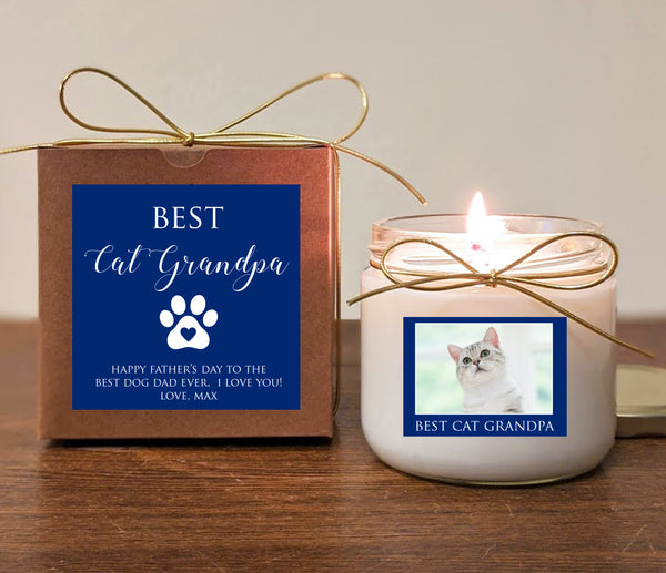 Father's Day Cat Grandpa Gift Candle. Cat Dad, Dog Grandpa. Can add photo. You pick text and colors.