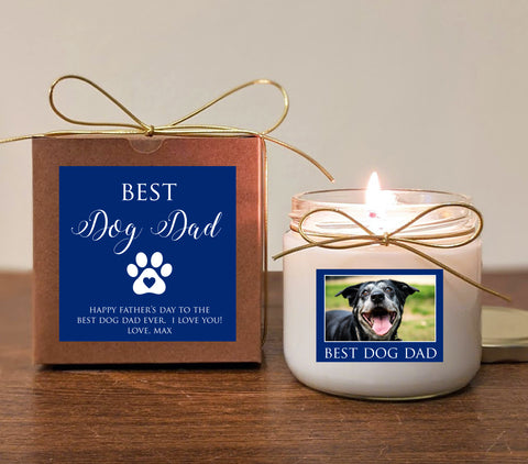 Father's Day Dog Dad Gift Candle. Cat Dad, Dog Grandpa. Can add photo. You pick text and colors.