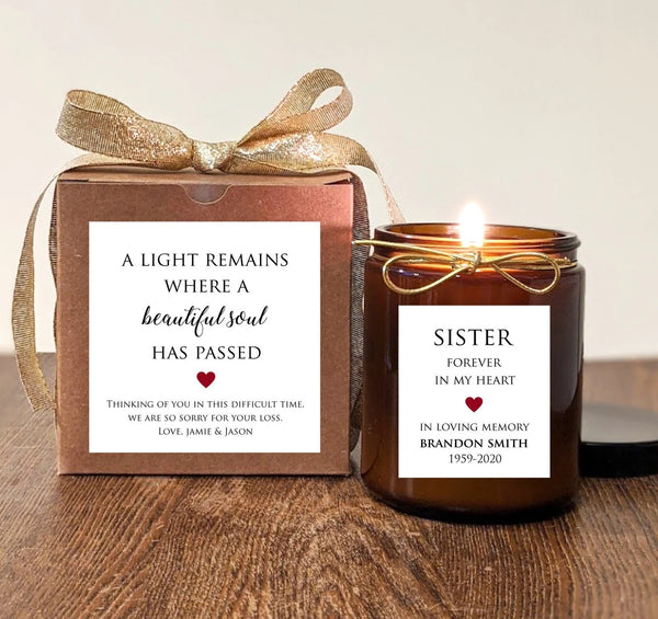 Loss of Sister Memorial Gift Candle. Personalize Text and Colors.