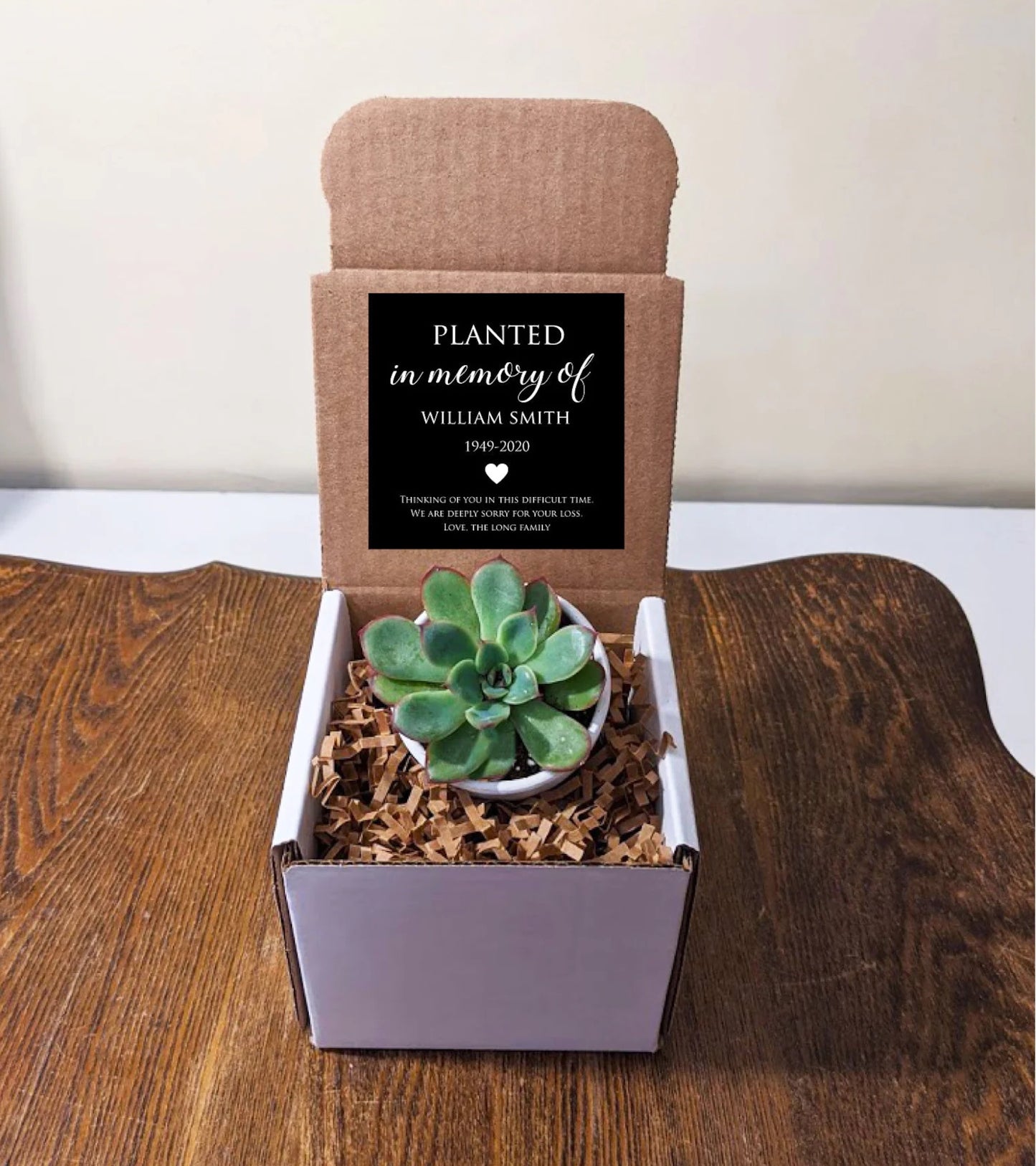 Memorial Gift Succulent with Personalized Message. Personalize text and colors. Includes white pot.