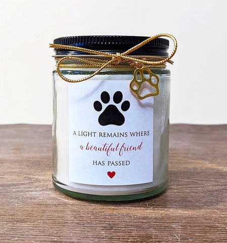 Pet Memorial Gift Candle. Loss of dog. Loss of Cat. A light remains where a beautiful friend has passed. Includes gold charm. 8oz Soy Vanilla.