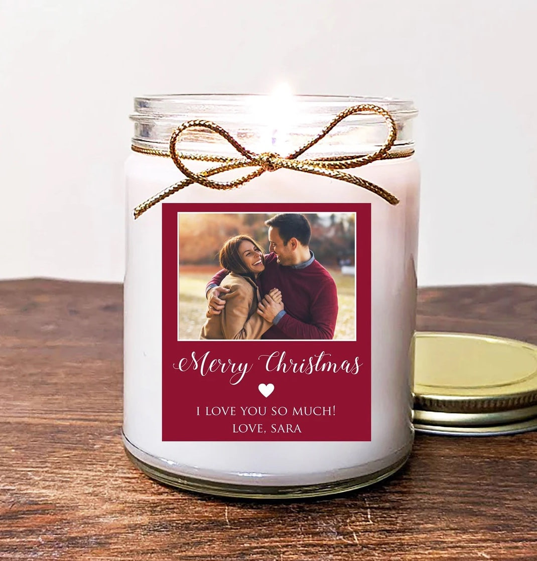 Gift for Him Boyfriend Christmas, Girlfriend Photo Candle. Personalized Custom Photo Candle. Customize. 8oz Soy. Scent - Sleigh Ride