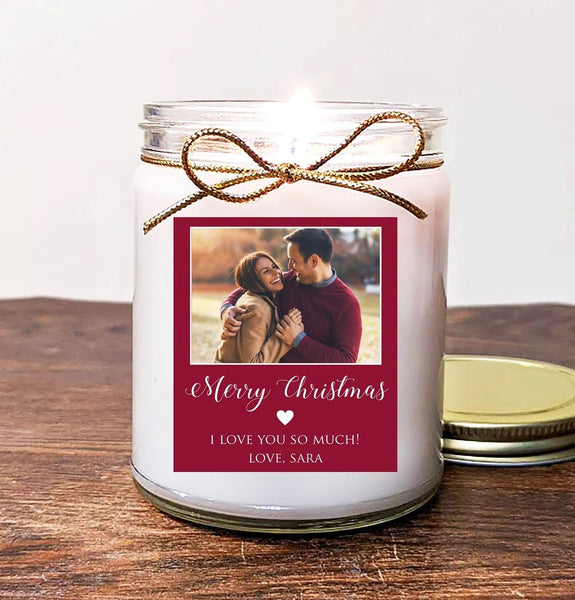 Gift for Girlfriend. Personalized Christmas Photo Candle. Customize. 8oz Soy. Scent - Sleigh Ride