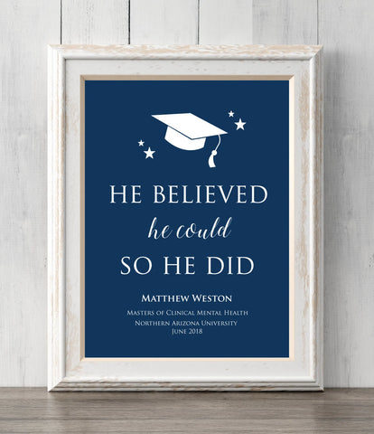 Graduation Gift Print. Custom Colors and Text. 8x10. He believed she could so he did. College. High School. All Prints BUY 2 GET 1 FREE!