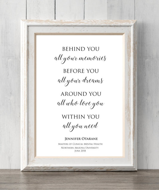 Graduation Gift Print. Behind you all your memories. Before you all your dreams. Custom Colors and Text. BUY 2 GET 1 FREE!