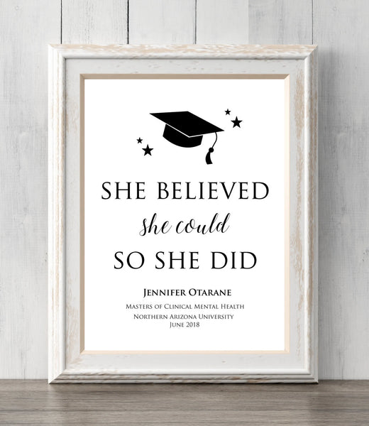 Graduation Gift for Her Print. Custom Colors and Text. She believed she could so she did. College. High School. All Prints BUY 2 GET 1 FREE!