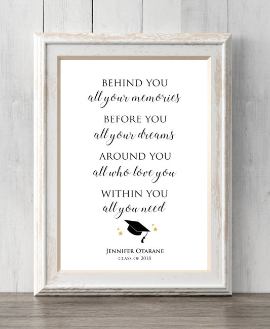 Graduation Gift 2022 Print. Personalized. Behind you all your memories. Before you all your dreams. Custom Colors and Text. BUY 2 GET 1 FREE