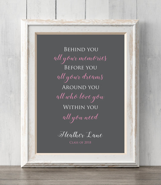 Graduation Gift Print. Personalized. Behind you all your memories. Before you all your dreams. Custom Colors and Text. BUY 2 GET 1 FREE!
