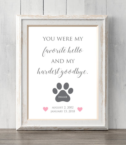 Loss of Dog Gift. 8x10 Personalized Pet Memorial Print. You were my favorite hello and my hardest goodbye. All Prints BUY 2 GET 1 FREE!