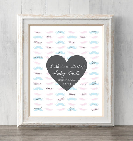 Gender Reveal Idea Lashes or Staches? 8x10. Guest Book Print. Personalize text and colors. Sign or guess the gender. Prints BUY 2 GET 1 FREE!