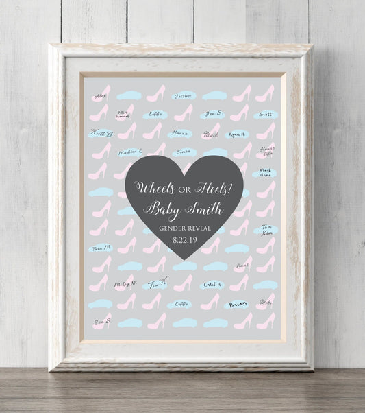 Gender Reveal Idea Wheels or heels? 8x10 Guest Book Print. Personalize text and colors. Sign or guess the gender. Prints BUY 2 GET 1 FREE!