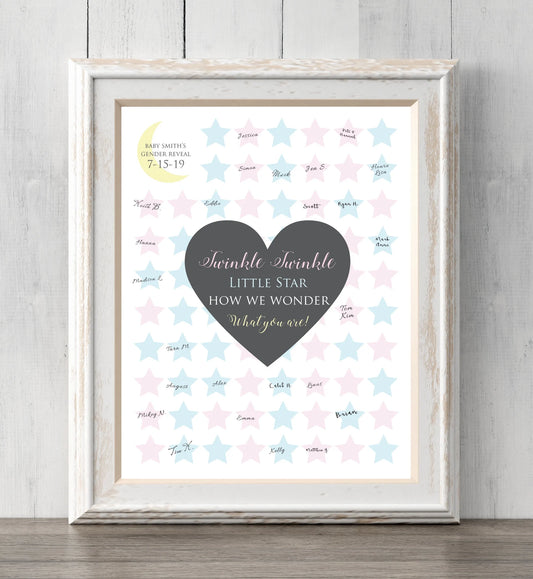 Gender reveal idea guest book print. 8x10. Twinkle Twinkle. Personalize text and colors. Guests sign or guess gender. BUY 2 GET 1 FREE!