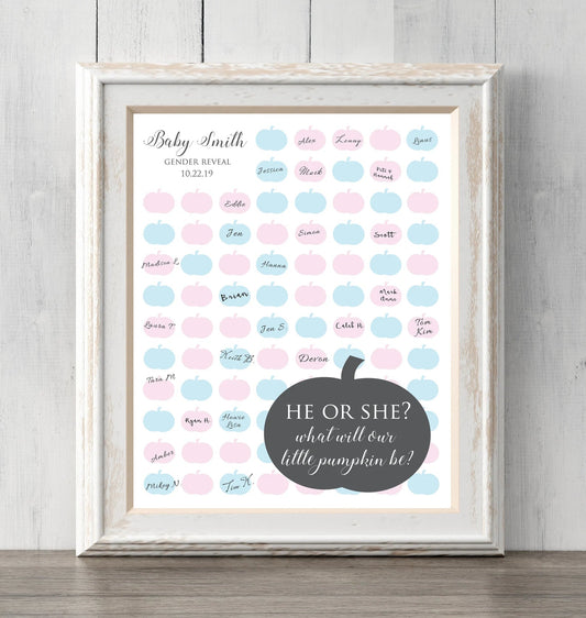 Fall Gender Reveal Guess Sign. Pumpkin Guest Book or Guess Gender. 8x10. Can personalize text and colors. Print for your guests to sign or guess the gender. Prints BUY 2 GET 1 FREE!