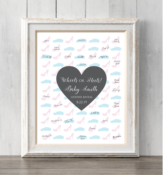 Gender Reveal Idea Wheels or heels? 8x10 Guest Book Print. Personalize text and colors. Sign or guess the gender. Prints BUY 2 GET 1 FREE!