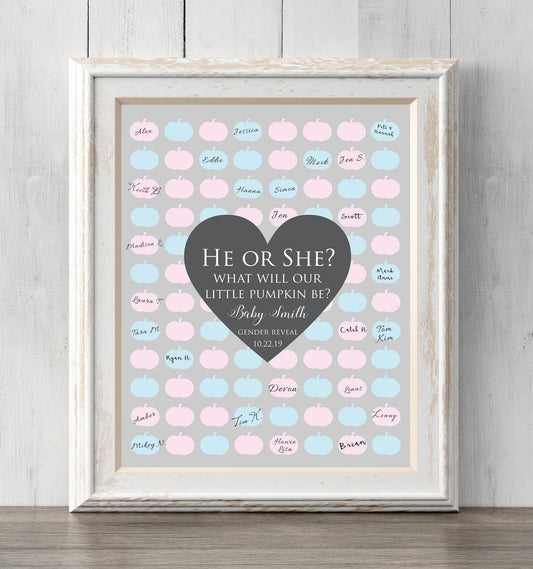 Fall Gender Reveal Idea for Party. Pumpkin Guest Book or Guess Gender. 8x10. Can personalize text and colors. Print for your guests to sign or guess the gender. Prints BUY 2 GET 1 FREE!
