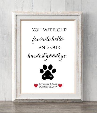Dog Memorial Gift 8x10 Print. Loss of pet. You were our favorite hello and our hardest goodbye. All Prints BUY 2 GET 1 FREE!