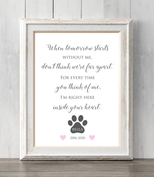 Loss of Dog Memorial Gift. 8x10 Personalized Pet Print. When tomorrow starts without me. I'm right here inside your heart. All Prints BUY 2 GET 1