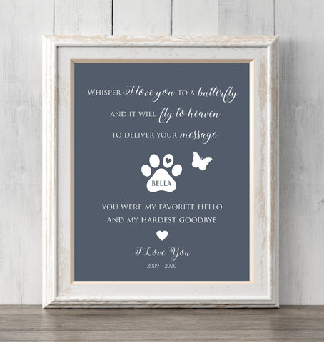 Loss of Dog Gift. 8x10 Personalized Pet Memorial Print. Loss of pet. Whisper I love you to a butterfly. All Prints BUY 2 GET 1 FREE!