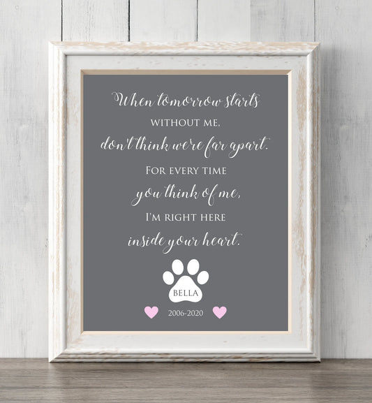Loss of Dog 8x10 Memorial Gift. Personalized pet print. When tomorrow starts without me. I'm right here inside your heart. All Prints BUY 2 GET 1