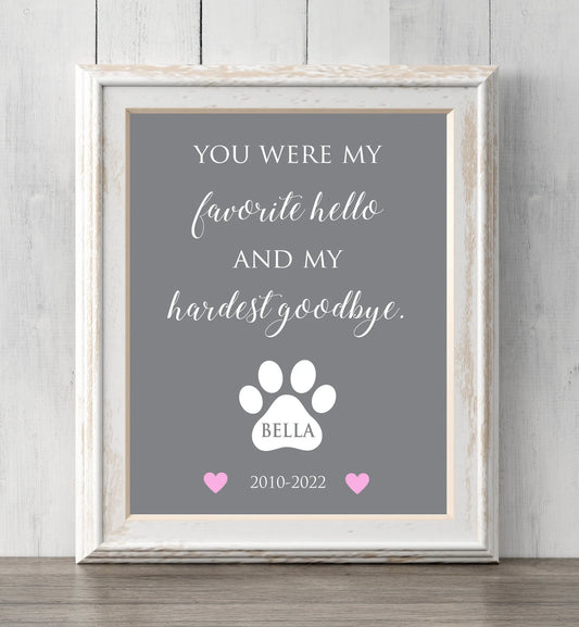 Loss of Dog Memorial Print. 8x10. Loss of pet. You were my favorite hello and my hardest goodbye. All Prints BUY 2 GET 1 FREE!