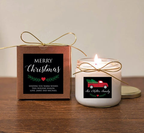 Christmas Gift Candle. Red Truck. Christmas Gift for Family. Personalize text and colors. 12oz Soy Vanilla.