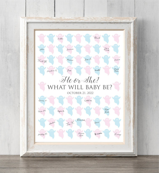 Halloween Gender Reveal Idea. Ghost Guest Book Print or Guess Gender. He or She? What Will Baby Be?