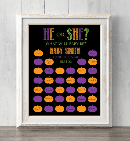 Halloween Gender Reveal Idea. Pumpkin Guest Book Print or Guess Gender. Fall Gender. Personalize text and colors. Prints BUY 2 GET 1 FREE!
