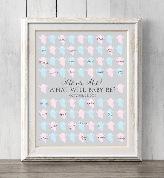 Halloween Gender Reveal Idea. Ghost Guest Book Print or Guess Gender. He or She? What Will Baby Be?
