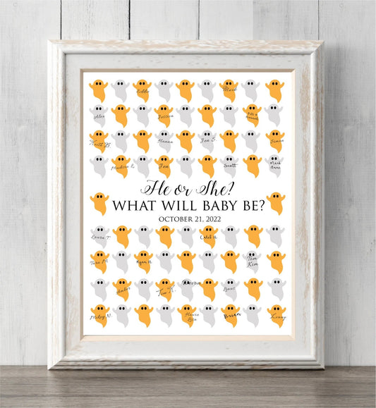 Halloween Gender Reveal Idea. Ghost Guest Book Print or Guess Gender. He or She? What Will Baby Be?
