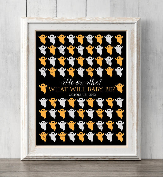 Halloween Gender Reveal Idea. Ghost Guest Book Print or Guess Gender. He or She? What Will Baby Be?